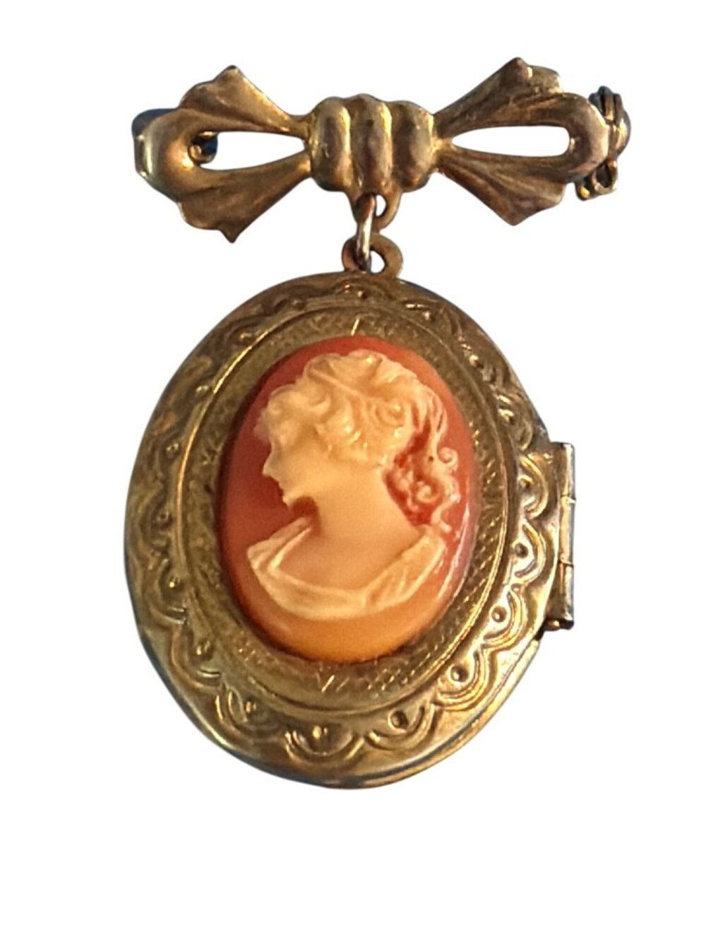 Vintage Gold Tone Cameo Locket Brooch Oval Design Bow Facing Left Hinged 1.75"